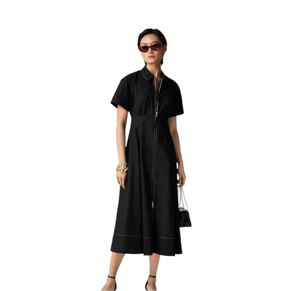 J Crew Black Zip Up Shirt Dress Short Sleeve Midi Women Sz 14 Fit Flare Pockets - Picture 1 of 13